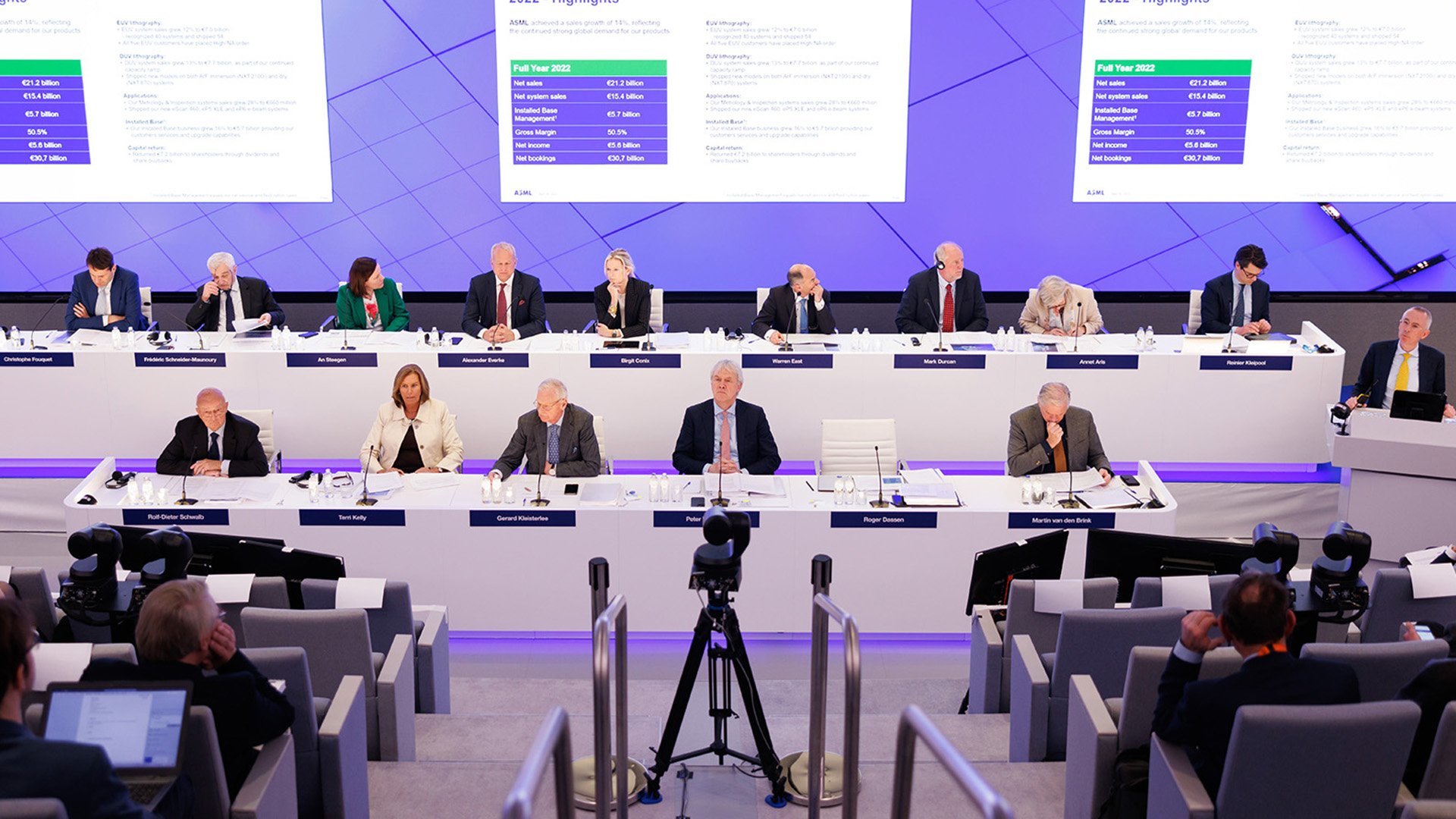 ASML's executive team seated at a long table during investor day.