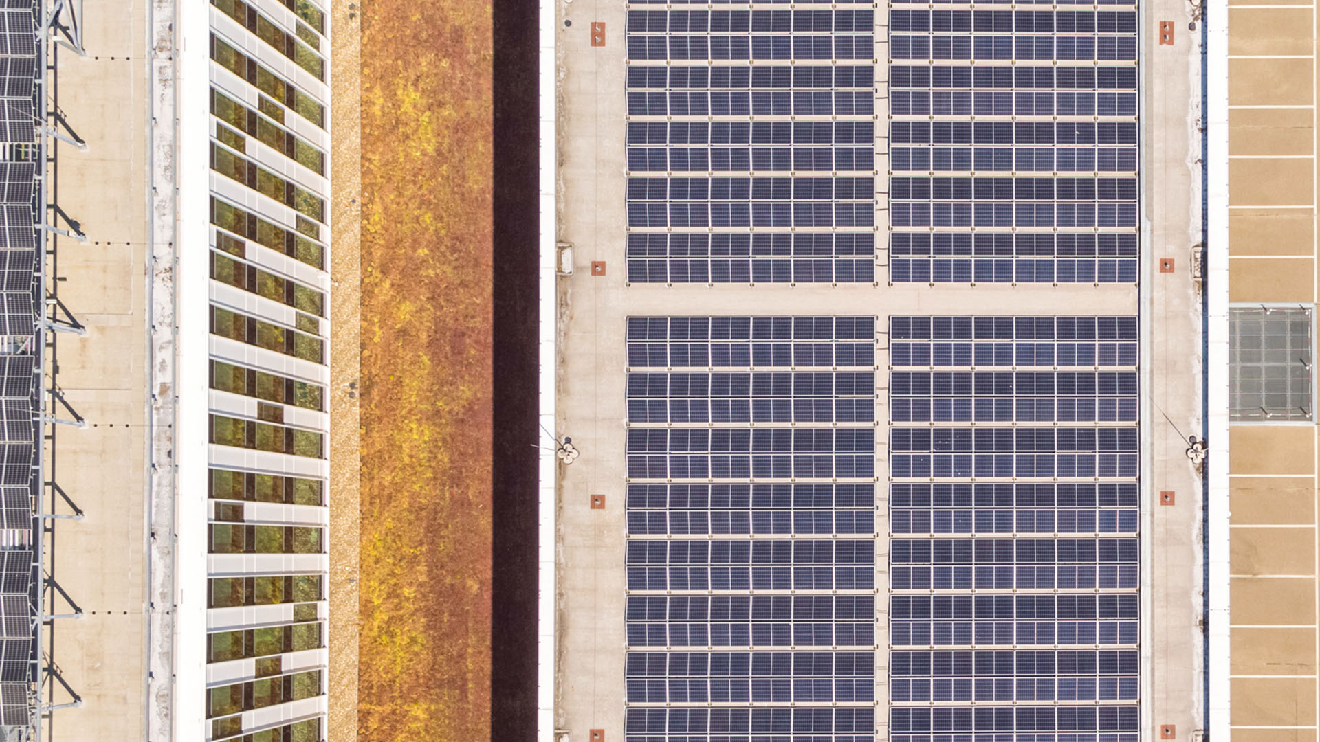 Top view of Building 5L featuring a combination of rooftop installations including solar panels.