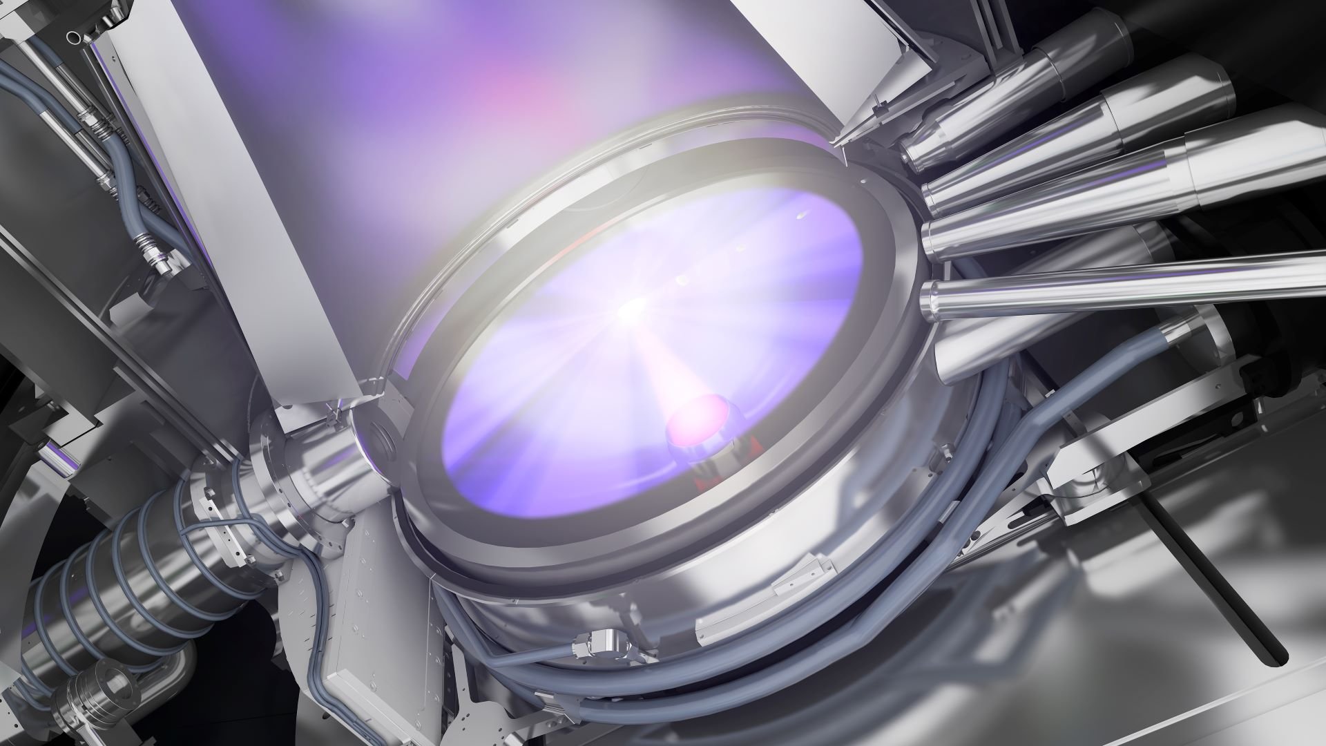 Inside the EUV source, a laser pulse hits a tin droplet and generates a plasma that emits EUV light. A collector mirror focuses the light. Inside the EUV source, a laser pulse hits a tin droplet and generates a plasma that emits EUV light. A collector mirror focuses the light.