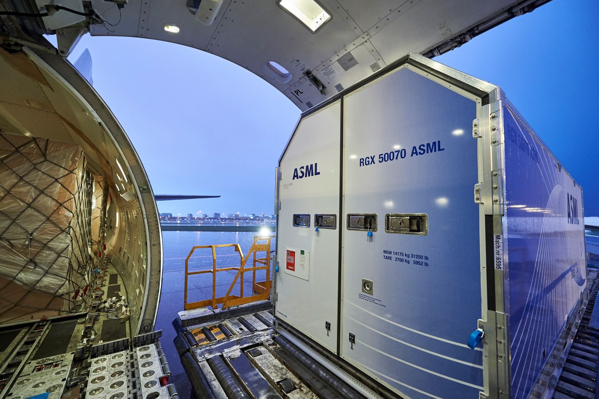 ASML equipment container loaded inside an airplane 